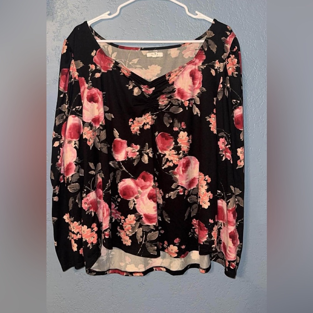 Maurices Black Long-Sleeve Floral Tee with Pink Roses